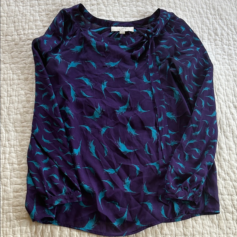 LOFT Purple Blouse with Teal Feather Print